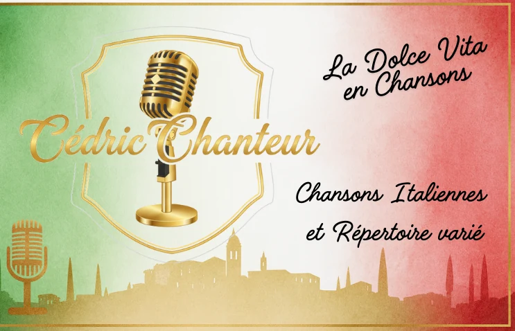 Visuel Cédric Chanteur avec microphone doré et couleurs italiennes